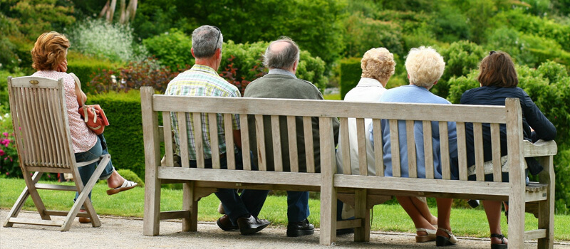 Rentner im grünen Park sitzend von hinten auf einer Parkbank